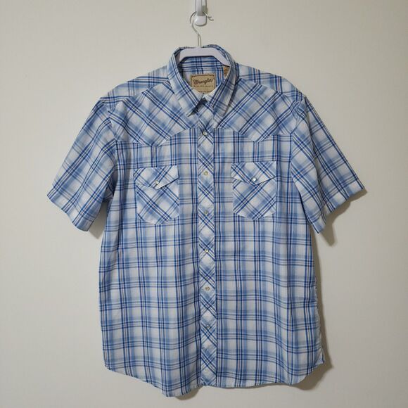 Wrangler Other - Wrangler Western Shirt Pearl Snaps Plaid Short Sleeve Blue Cotton-Blend Men's XL